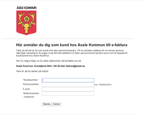 Bild på hur det ser ut på sidan man anmäler sig till om e-faktura